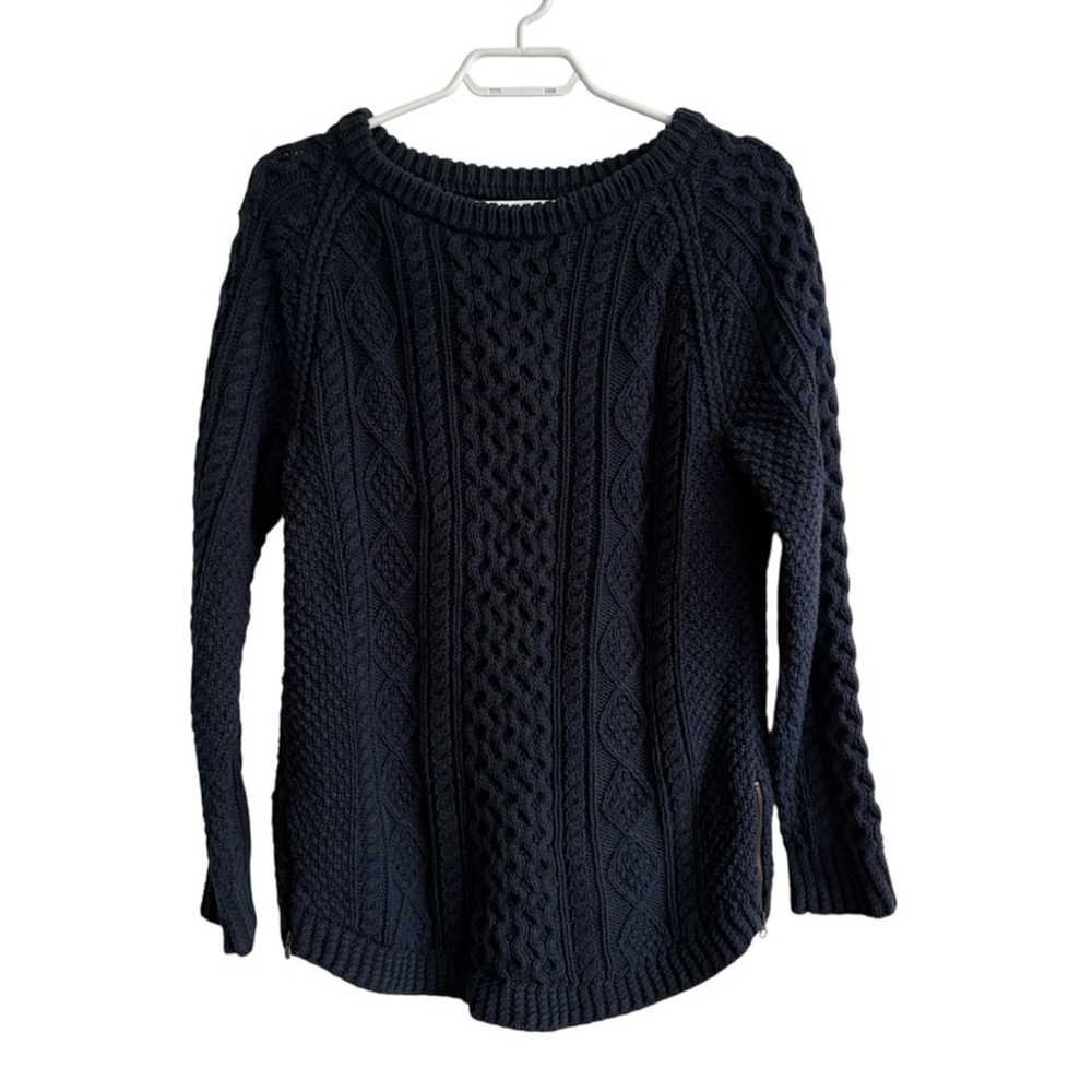 L.L Bean Women's Signature Cotton Fisherman Sweater Navy with Side Zips Sz Small